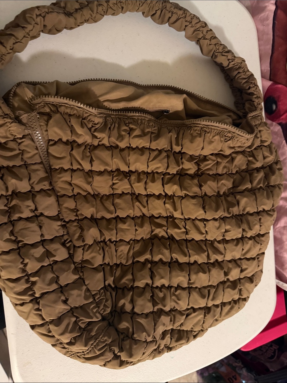 Quilted Ruched Hobo Bag in Tan